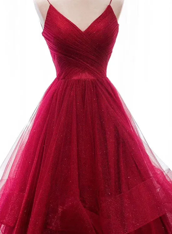 Burgundy V-Neck Tulle Long Prom Dress, Burgundy Evening Party Dress