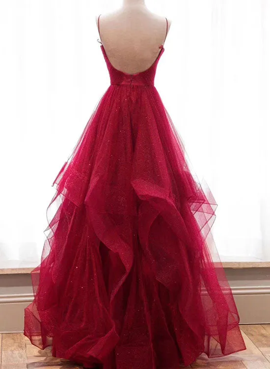 Burgundy V-Neck Tulle Long Prom Dress, Burgundy Evening Party Dress