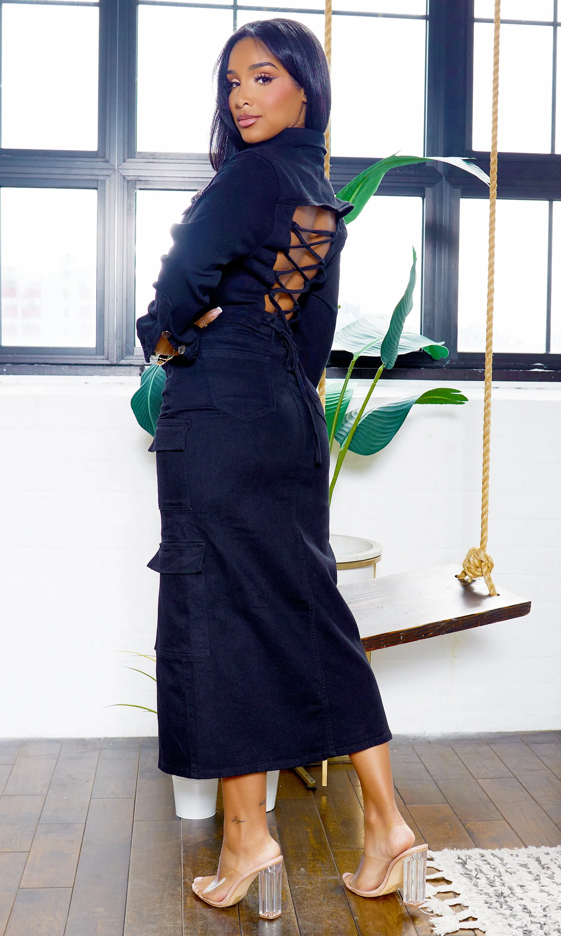 Criss Cross Back Denim Jacket - Black FINAL SALE