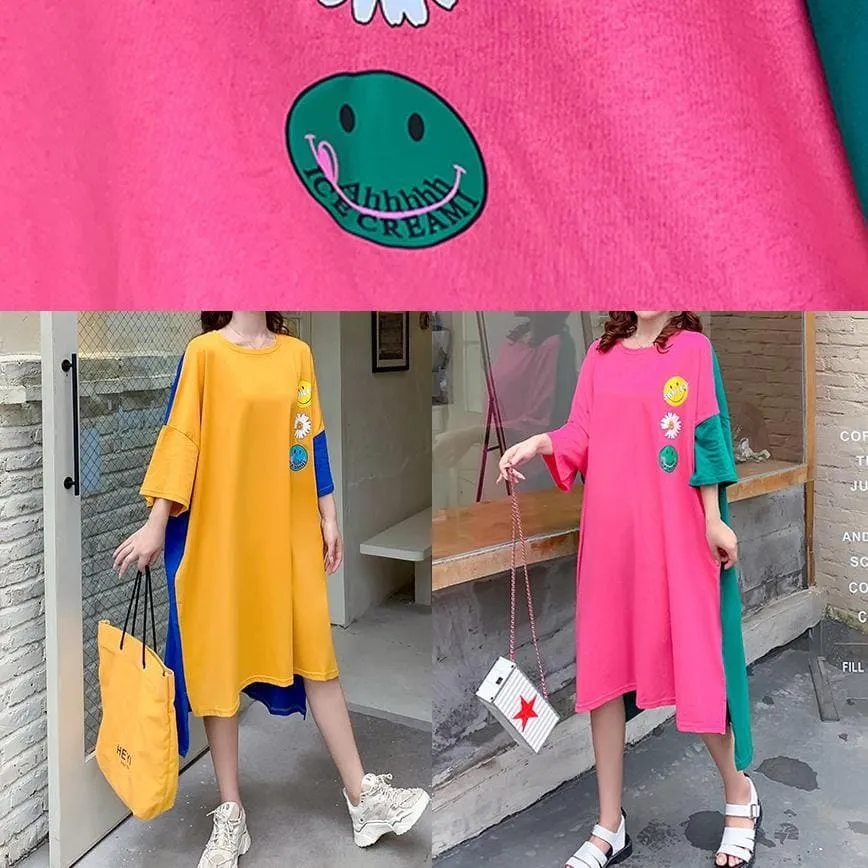 DIY o neck patchwork outfit Tutorials rose Smiley print loose Dresses