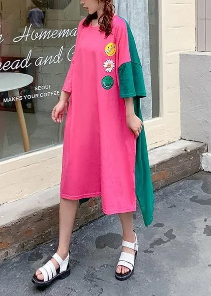 DIY o neck patchwork outfit Tutorials rose Smiley print loose Dresses