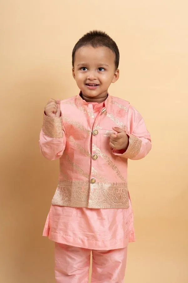 Elegant soft Peach kurta set with a regal golden-detailed jacket for a charming festive look