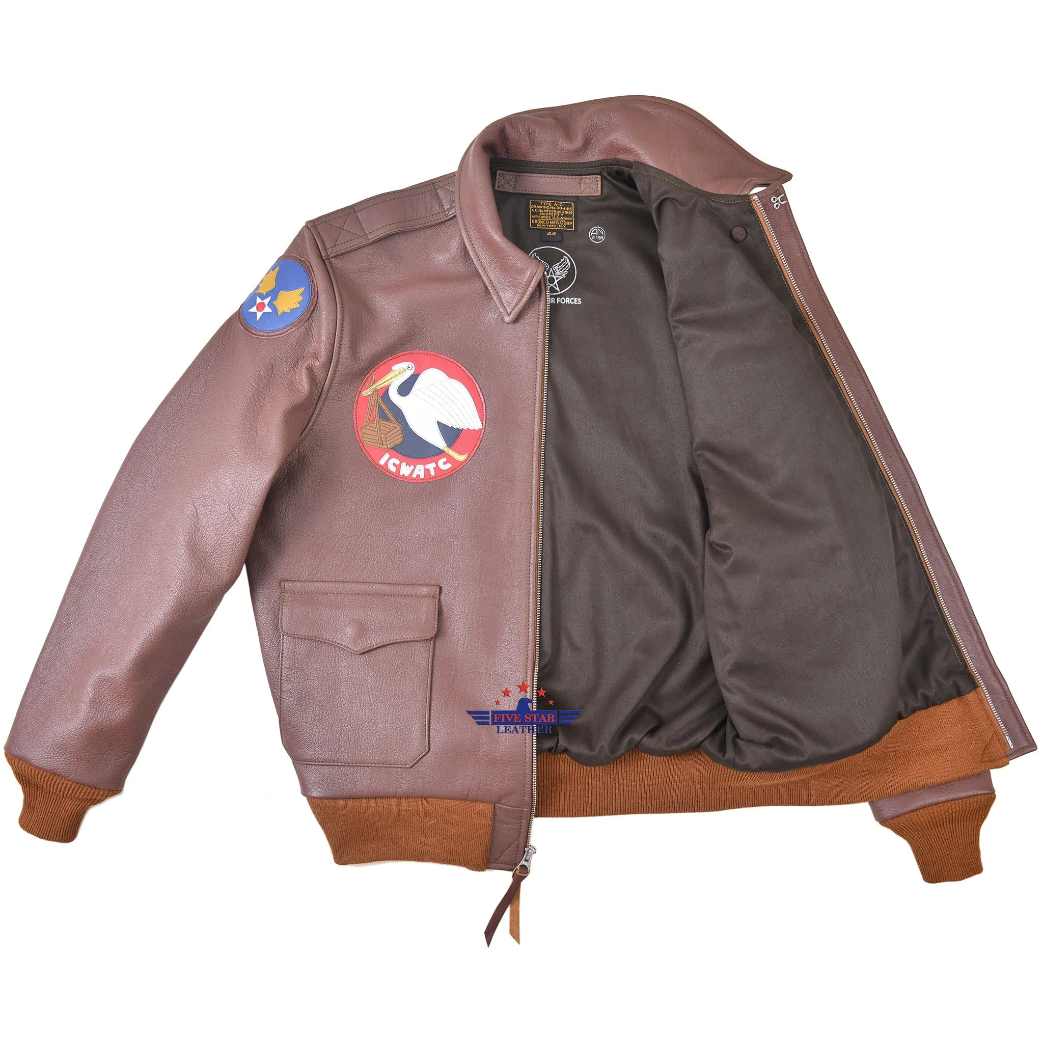 Fivestar Leather Type A2 Bronco Military Flight Real Goatskin Leather Jacket with Patches