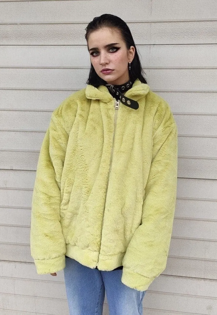Fleece aviator jacket faux fur fluffy soft coat salad green
