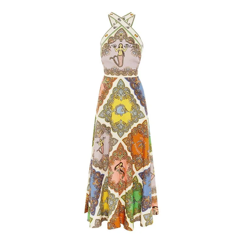 Helga Geometry Print Halter Maxi Dress