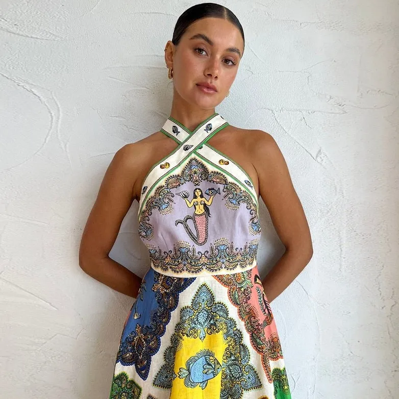 Helga Geometry Print Halter Maxi Dress