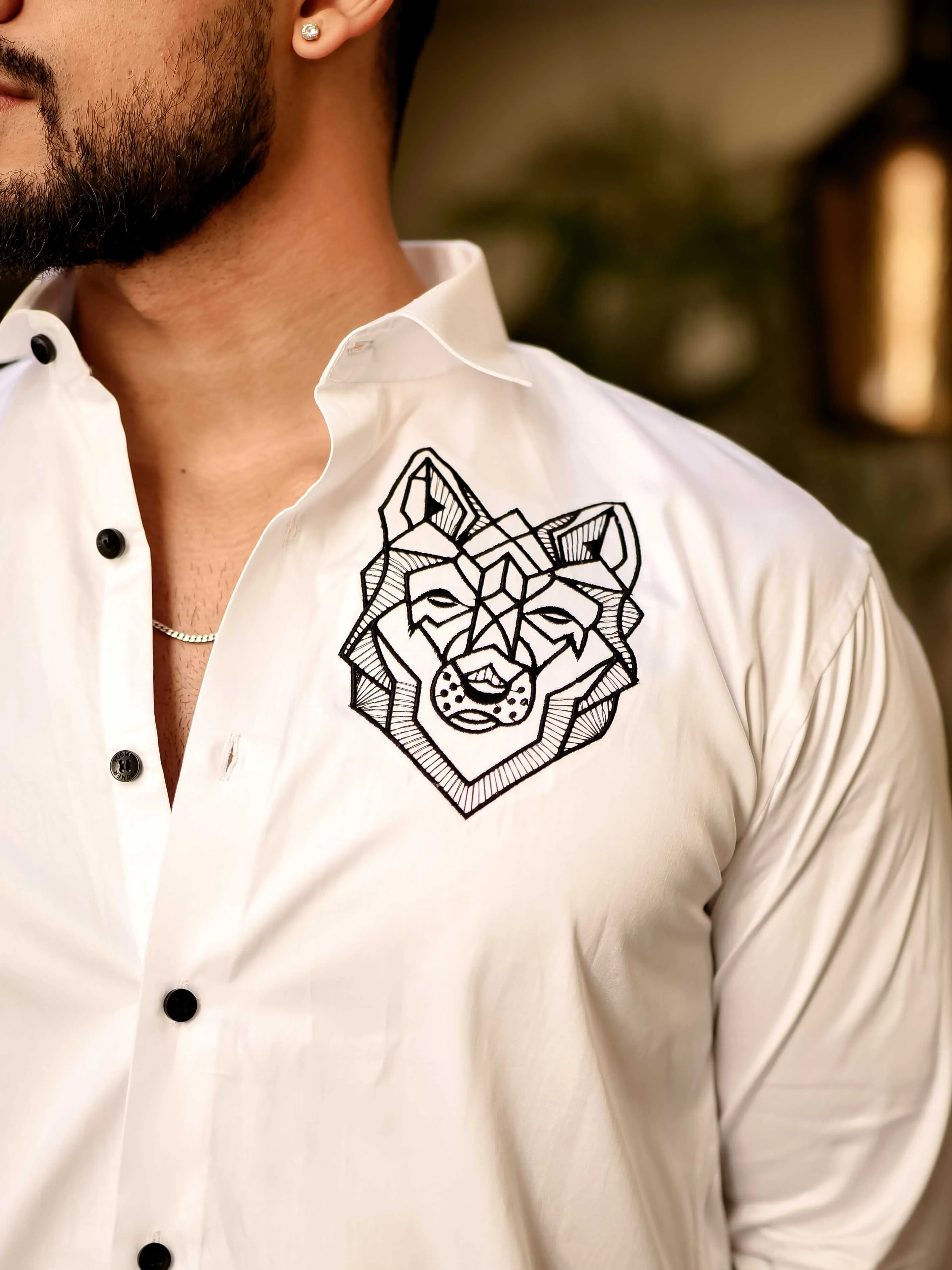 Line Art Wolf White Embroidered Club Wear Satin Cotton Shirt