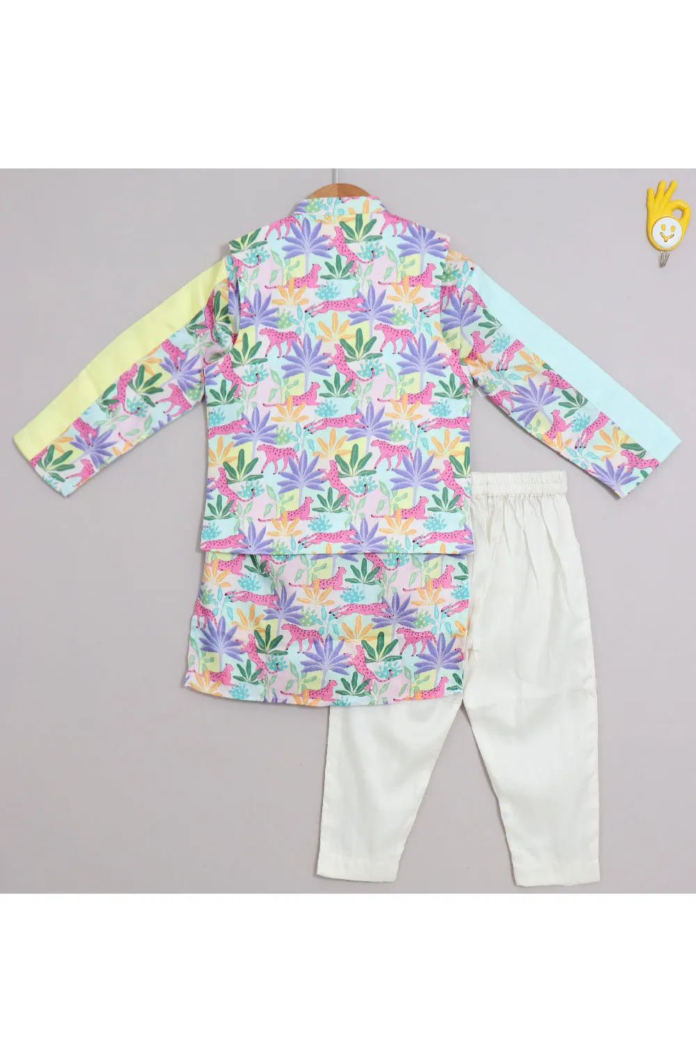 Multicolor Tropical Printed Cotton Satin Kurta With Jacket And Off White Pyjama Set