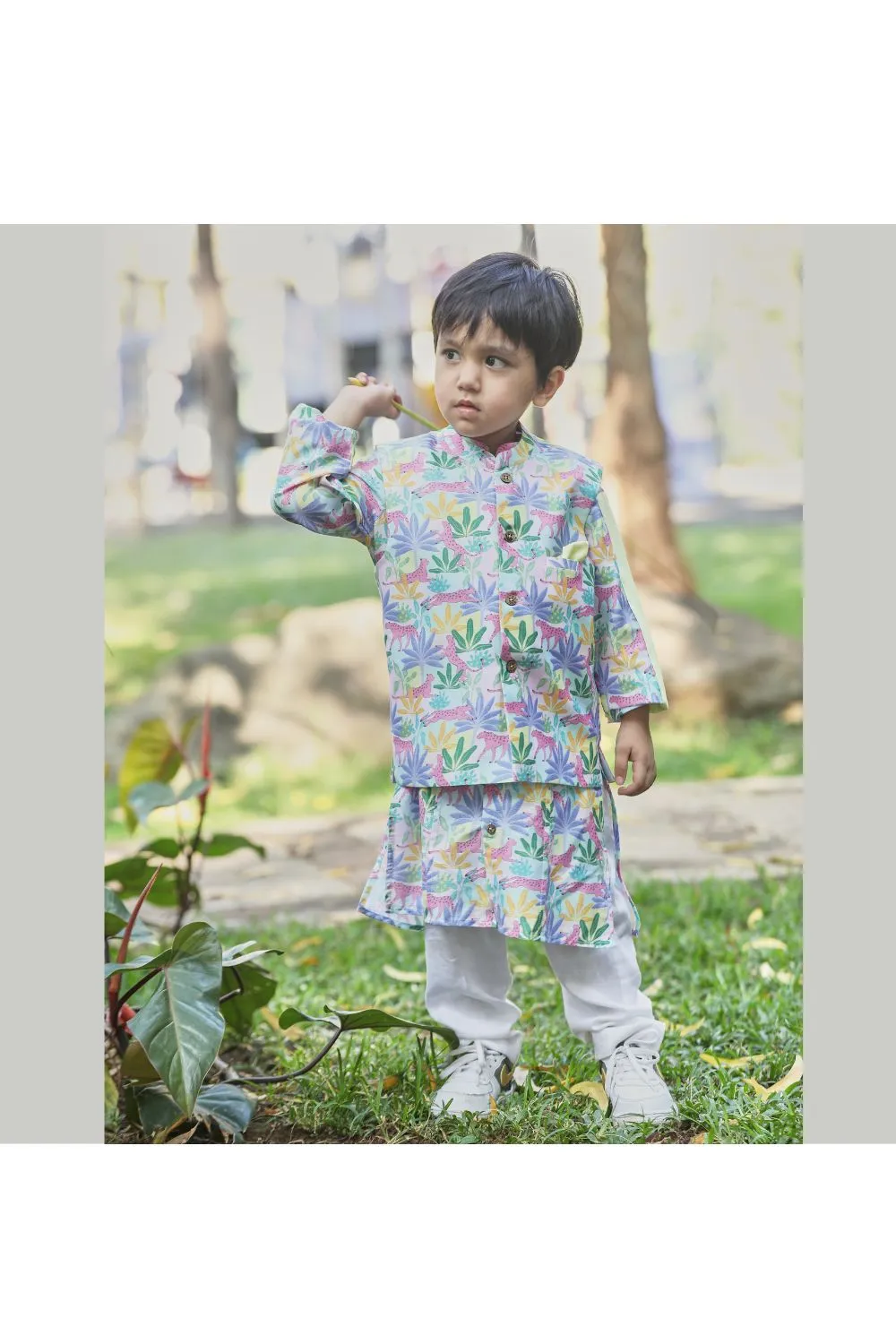 Multicolor Tropical Printed Cotton Satin Kurta With Jacket And Off White Pyjama Set