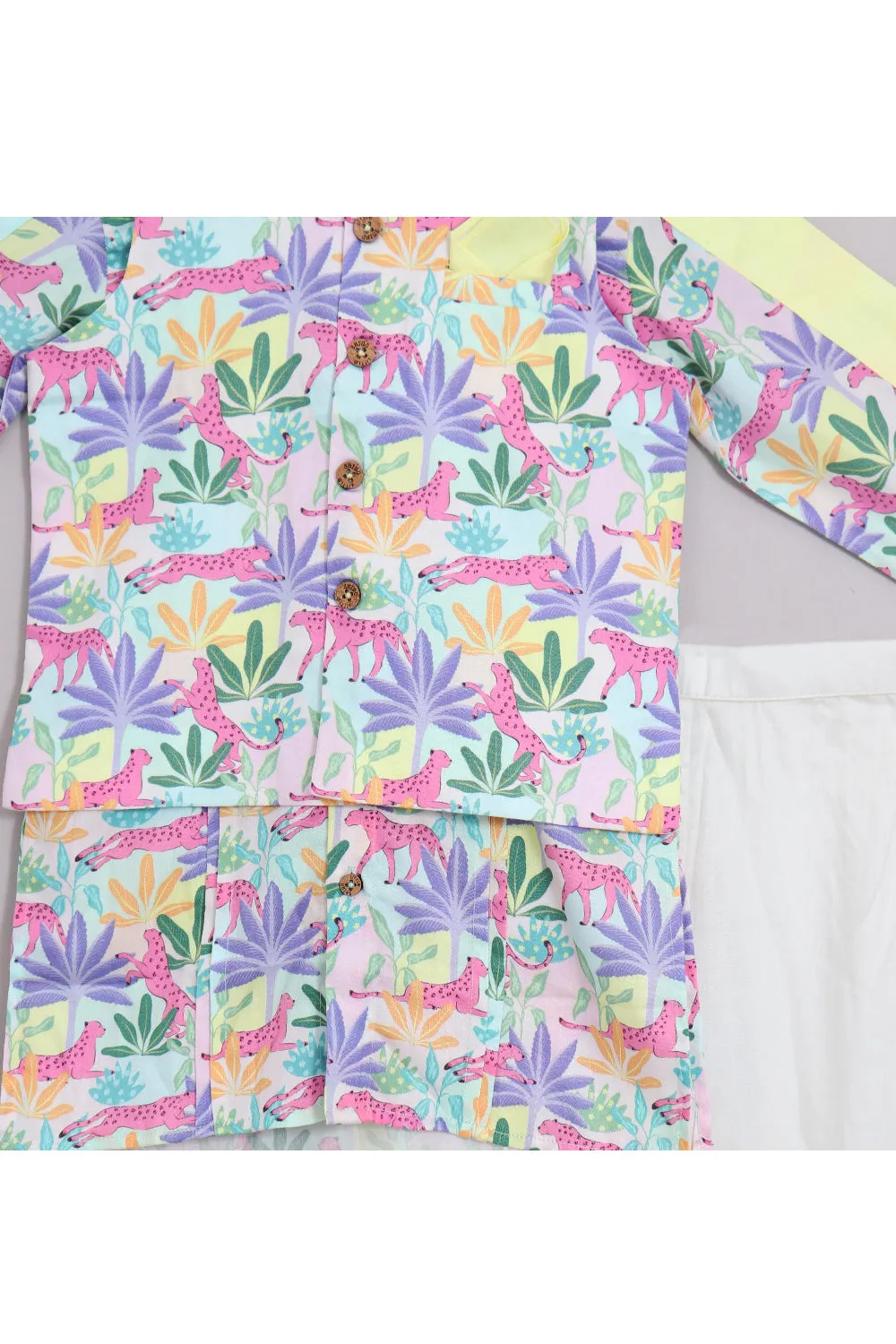 Multicolor Tropical Printed Cotton Satin Kurta With Jacket And Off White Pyjama Set