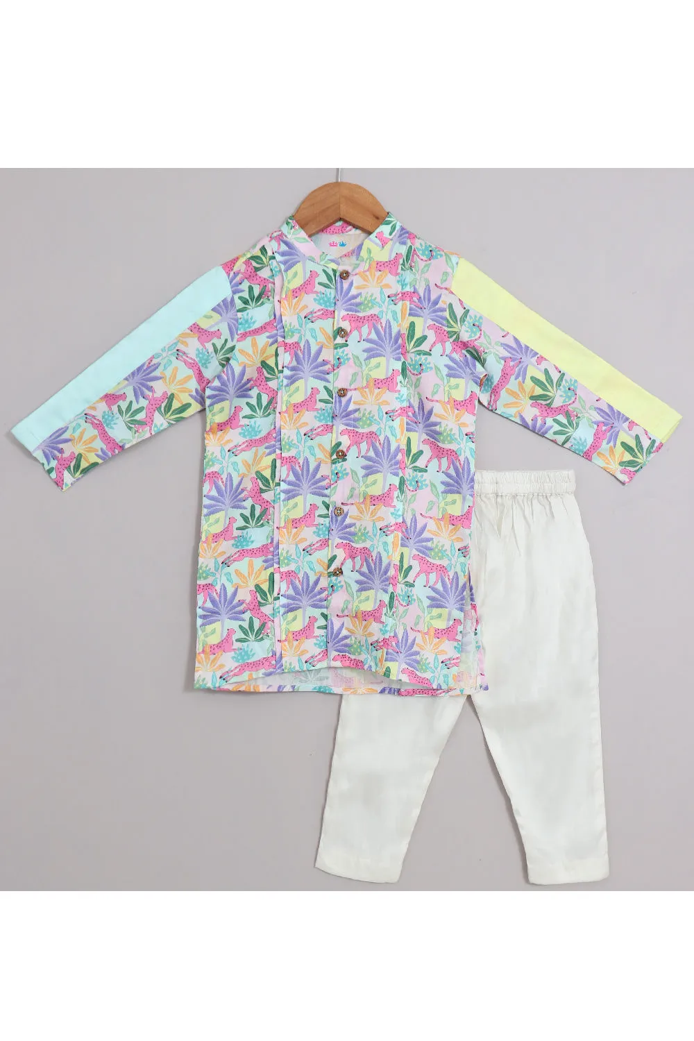 Multicolor Tropical Printed Cotton Satin Kurta With Jacket And Off White Pyjama Set
