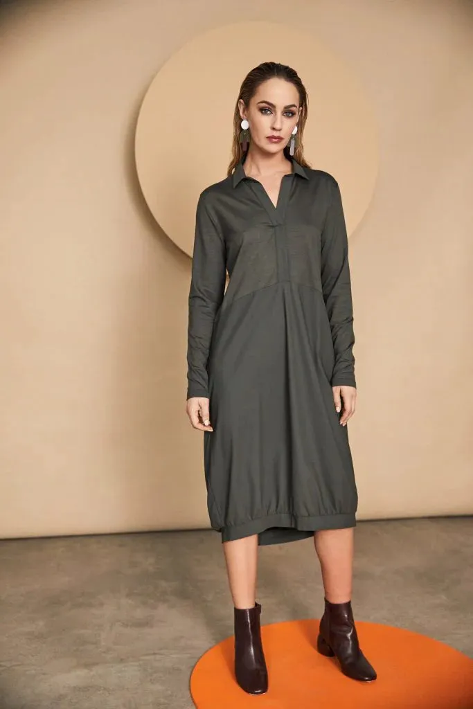 Naya Khaki Shirt Style Dress With Contrast Fabric Skirt And Collar