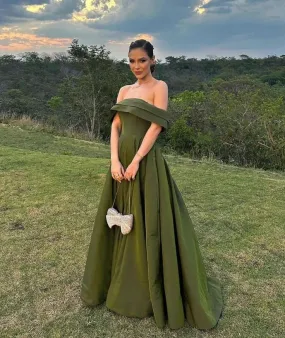 Off Shoulder Green Prom Dress A Line Evening Gown     fg5483