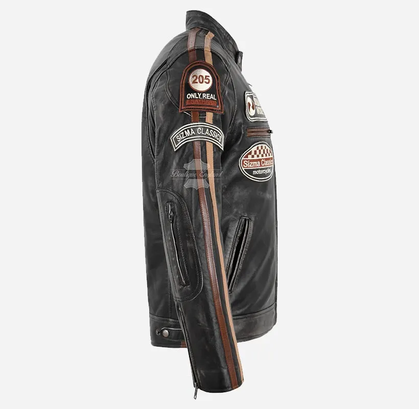 SIZMA Black Vintage Waxed Mens Leather Biker Jacket