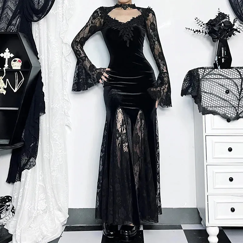Trend4us Women's Gothic Velvet Lace Panel Maxi Dress