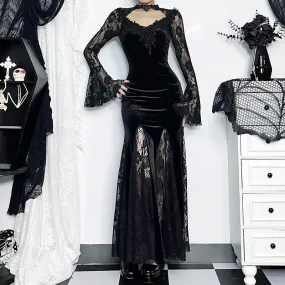 Trend4us Women's Gothic Velvet Lace Panel Maxi Dress