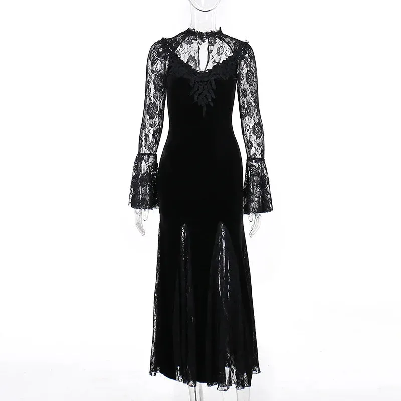 Trend4us Women's Gothic Velvet Lace Panel Maxi Dress