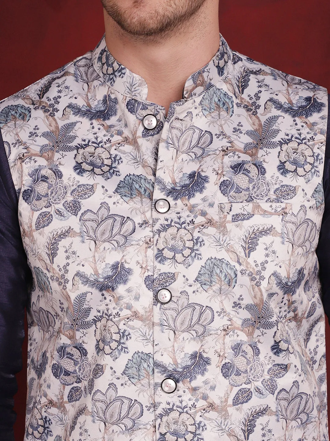 White Floral Printed Nehru Jacket With Kurta Pyjama Set