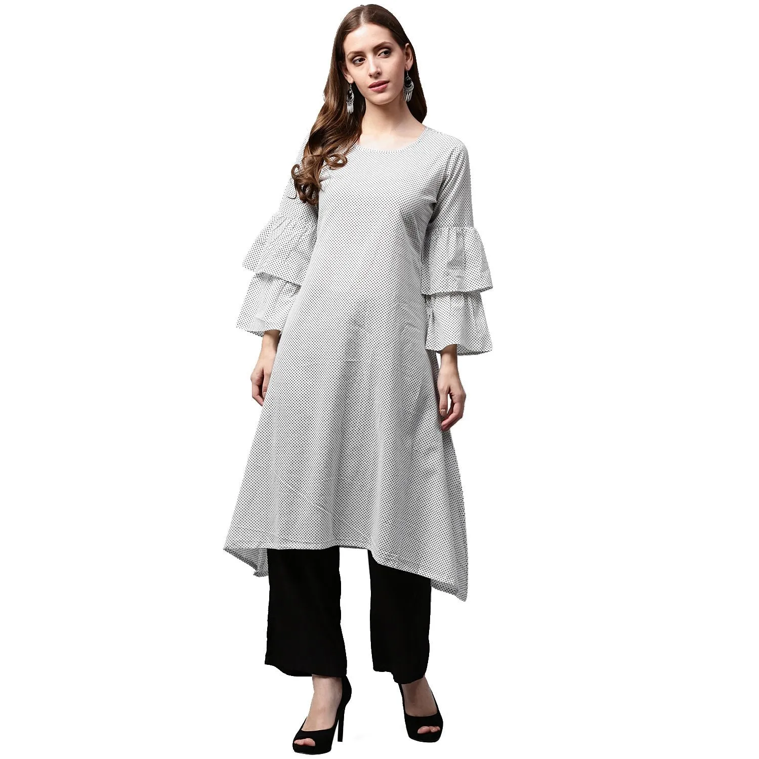 White Printed 3/4Th Sleeve Cotton A-Line Kurta With Black Printed Jacket