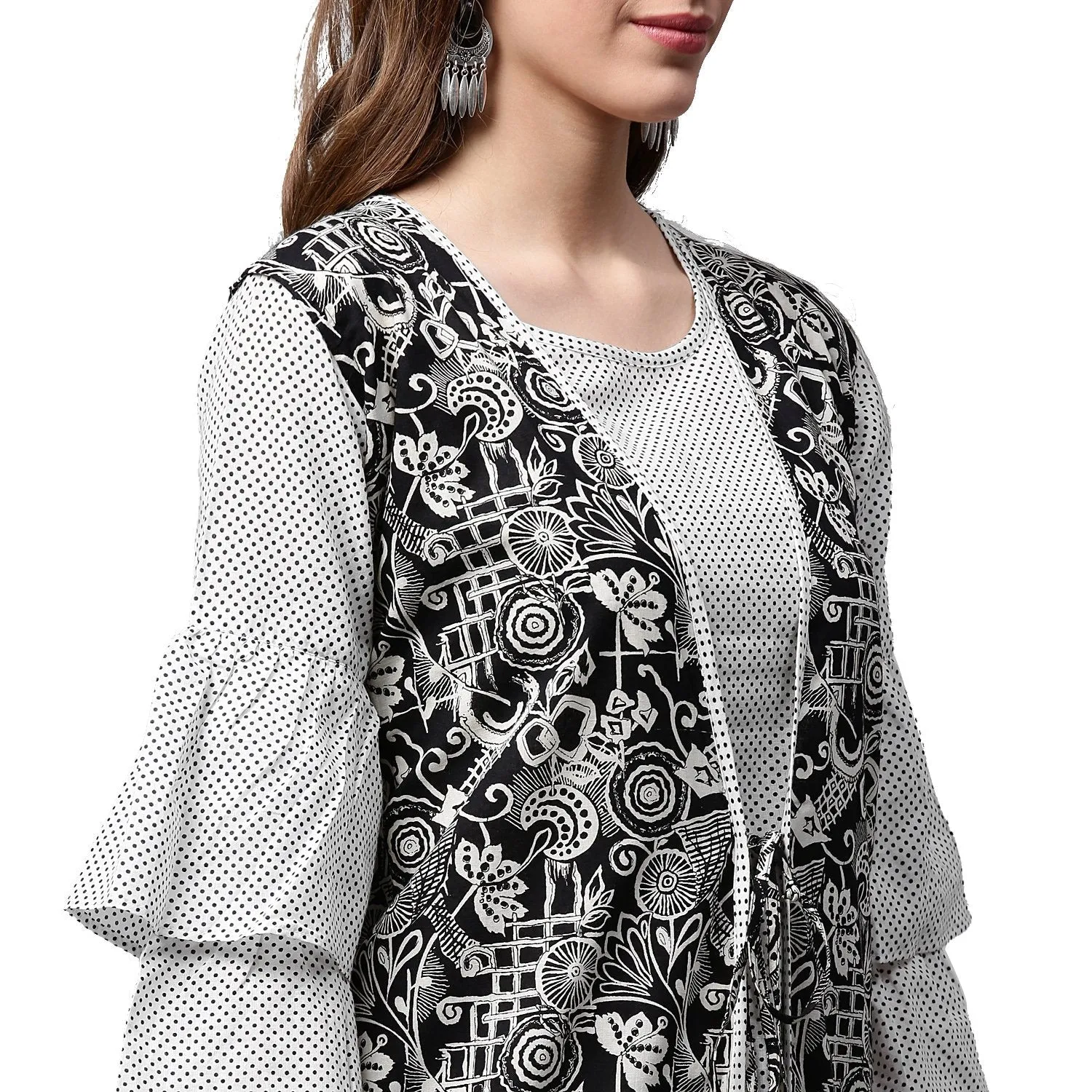 White Printed 3/4Th Sleeve Cotton A-Line Kurta With Black Printed Jacket
