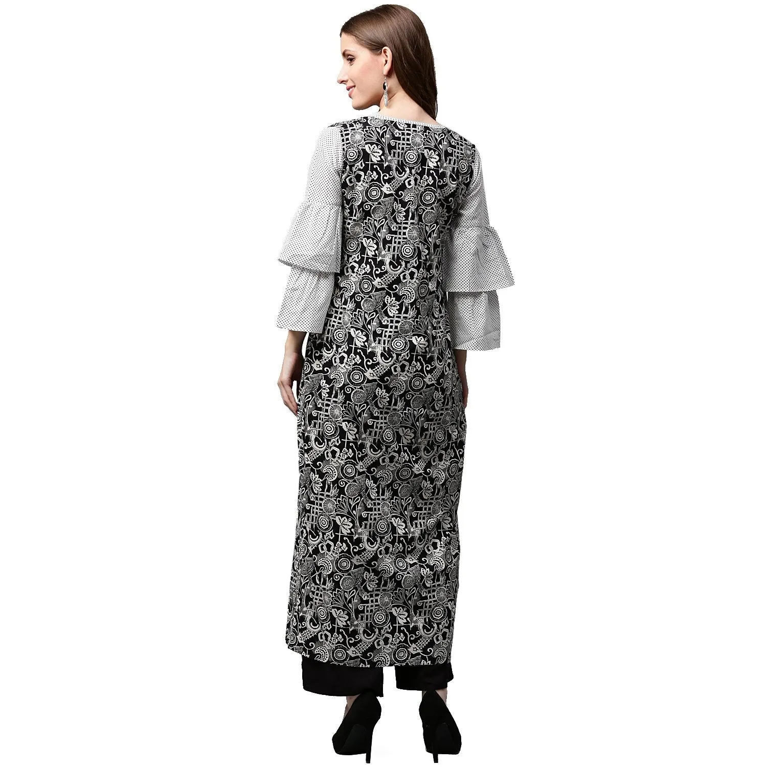 White Printed 3/4Th Sleeve Cotton A-Line Kurta With Black Printed Jacket