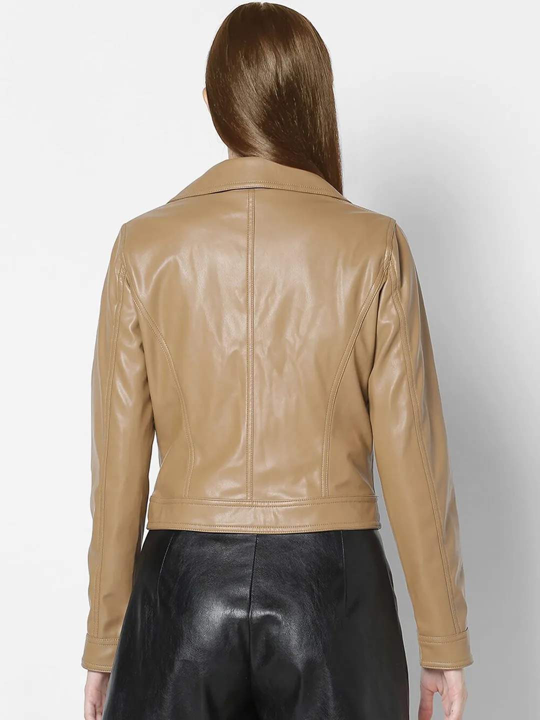 Women Brown Lightweight Crop Biker Jacket | QAWACH
