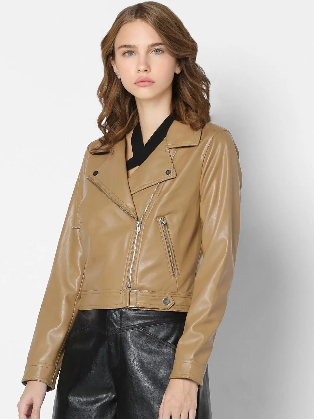 Women Brown Lightweight Crop Biker Jacket | QAWACH