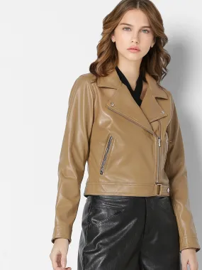Women Brown Lightweight Crop Biker Jacket | QAWACH